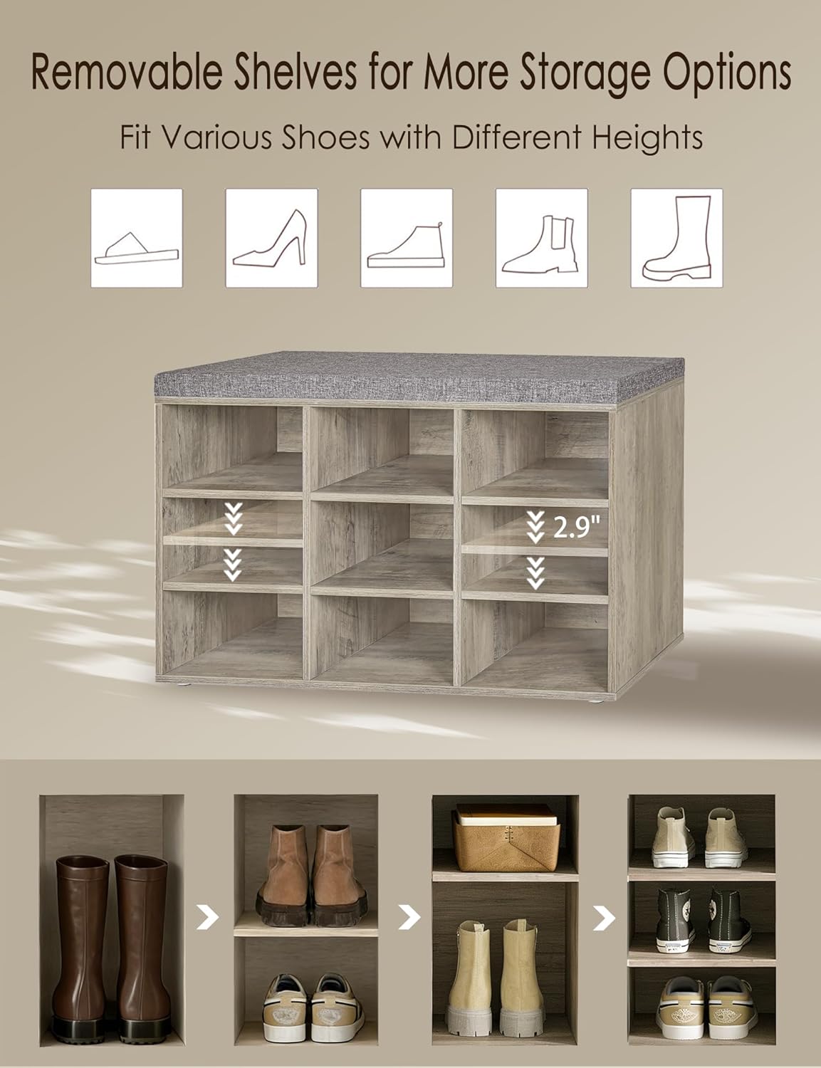 DINZI LVJ Shoe Bench, 9 Cubbies Shoe Organizer for Entryway, Storage Bench with Cushion, Cubby Shoe Rack with Adjustable Shelves for Living Room, Bedroom, Mudroom, Hallway, Gray Wash