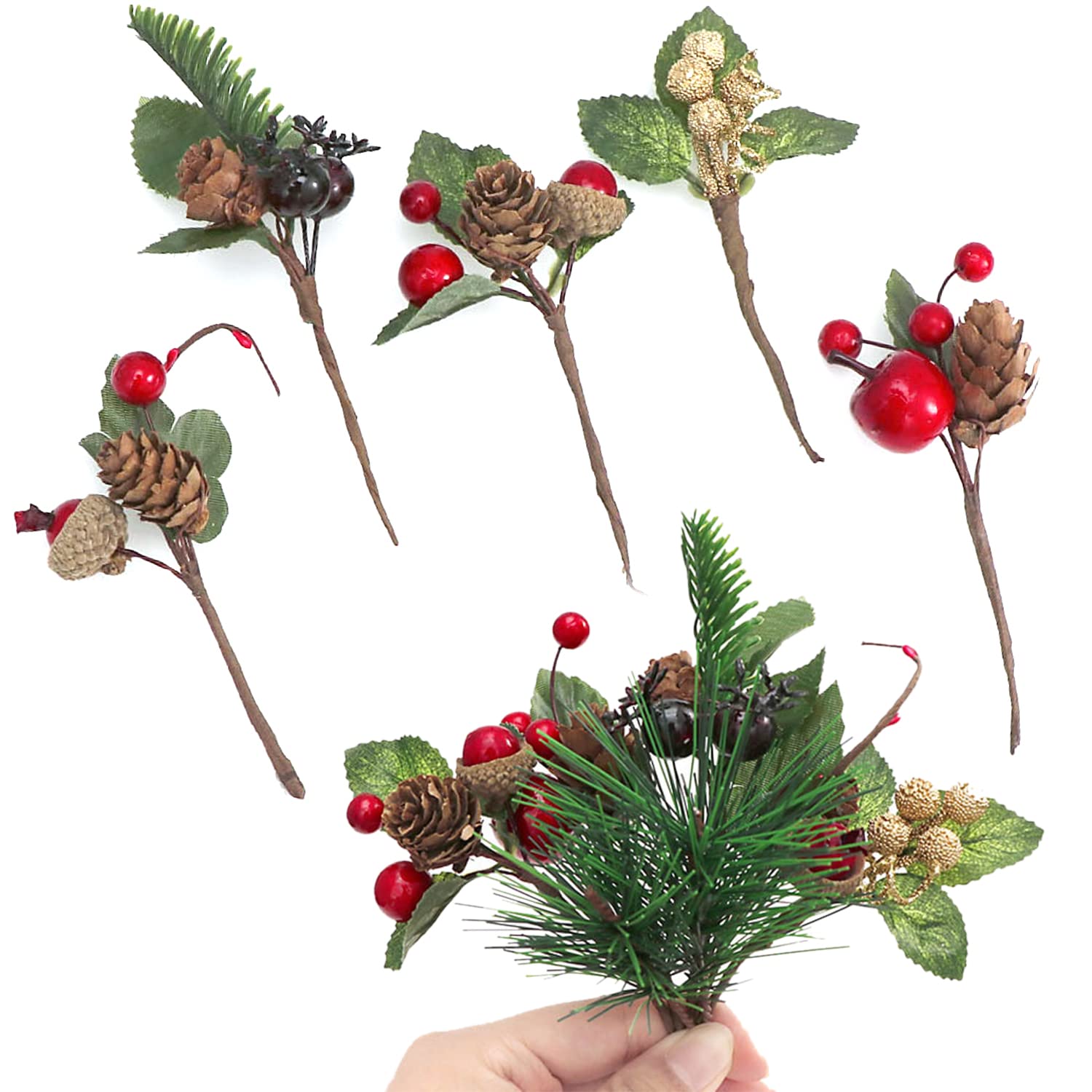 DWTECH Artificial Pine Picks,20 Pcs Christmas Floral Arrangement,Christmas Red Berries Pine Cones Stems, Mini Stimulation Red Berries Branches for Xmas Flower Arrangements Wreaths Decorations