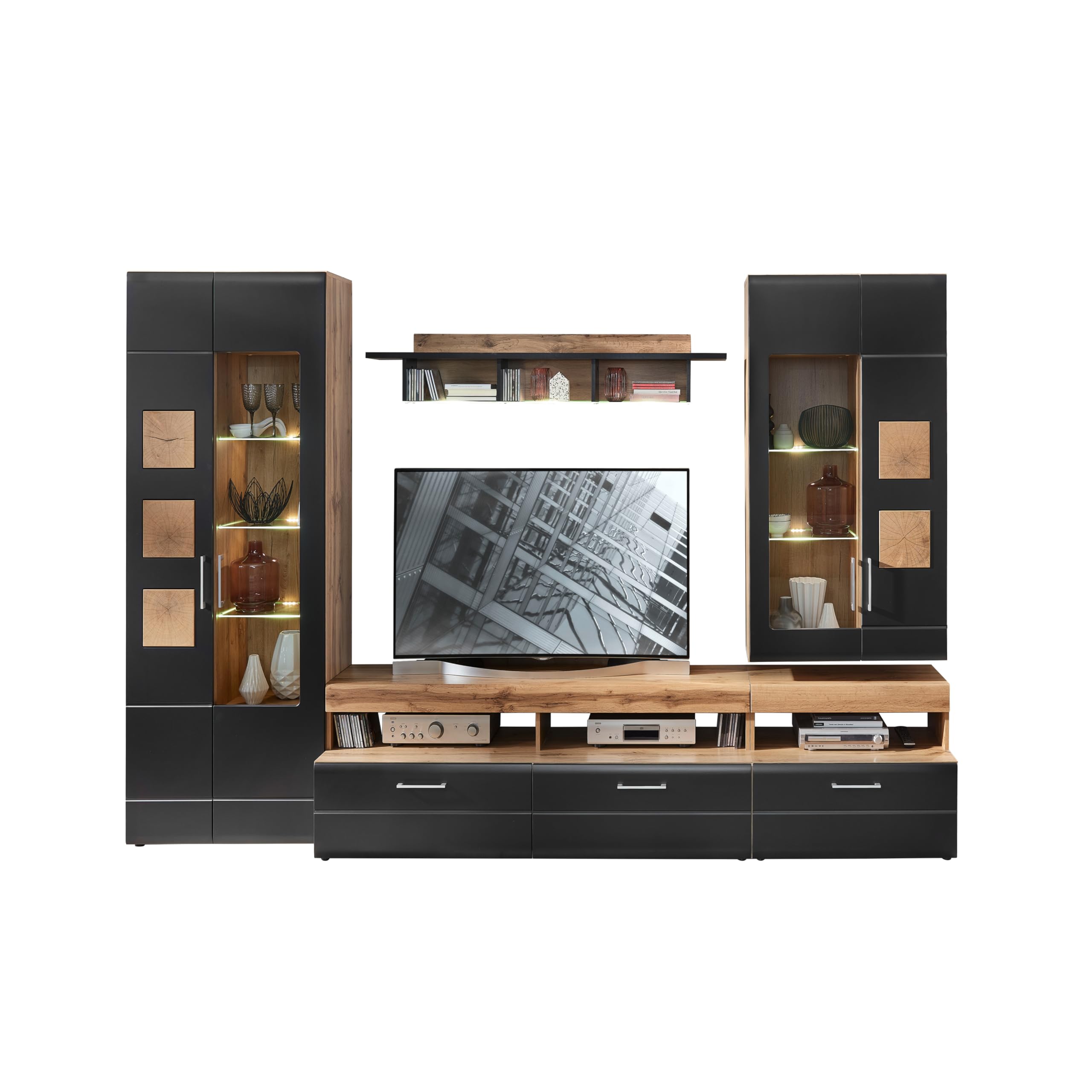 Parete Da Soggiorno Avanti Trendstore In Laminato Quercia San Remo - Con Illuminazione LED, 310x204x46 Cm - Foto 9