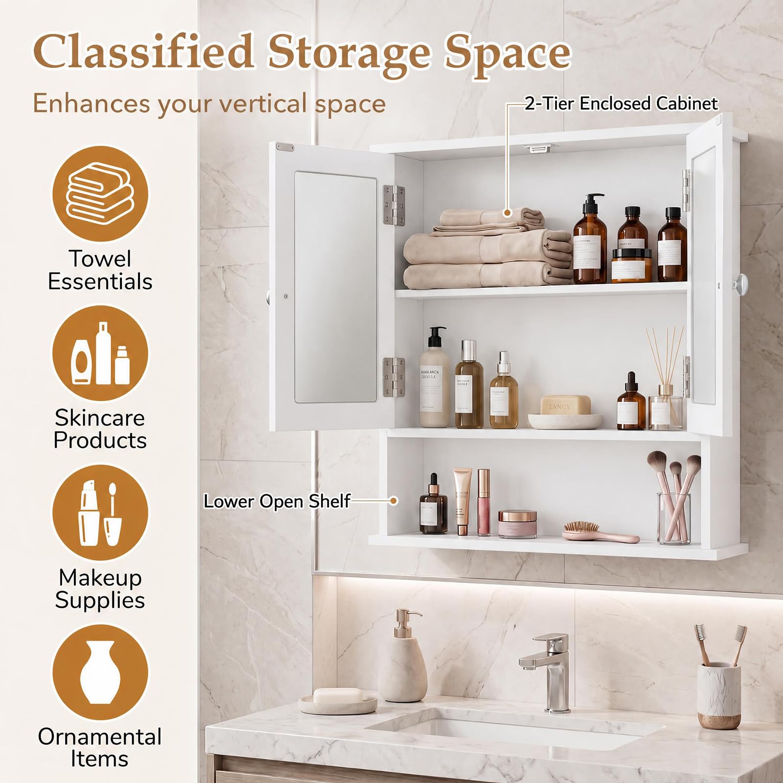 GIANTEX Moderno Armadietto da Bagno con Specchio (Bianco) | Mensola Regolabile e Scomparto Aperto, Mobile Salvaspazio per Bagno, Soggiorno, Ingresso