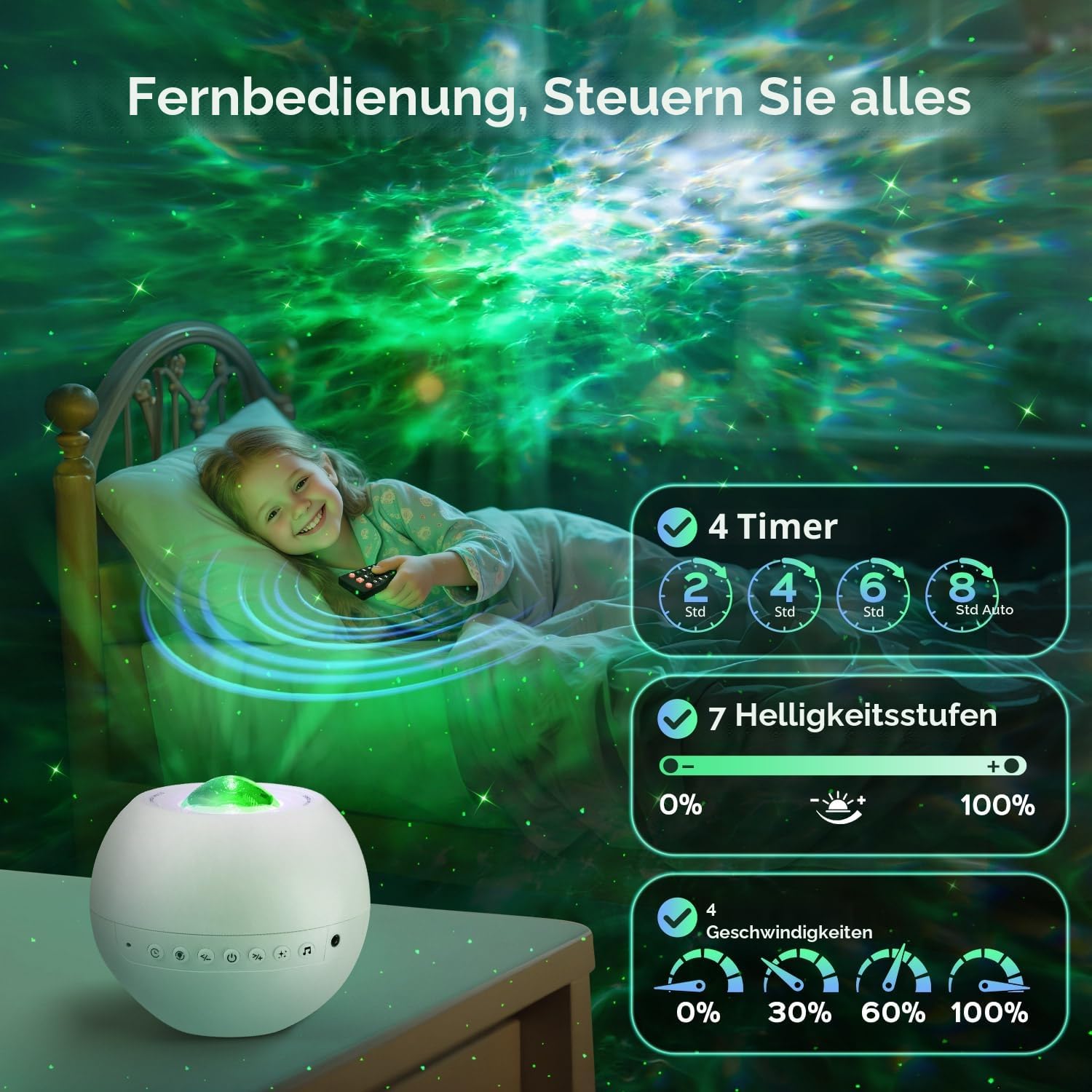 One Fire Sternenhimmel Projektor, Nachtlicht Kinder mit 15 Farben & 15 Einschlafmusik, Bluetooth, Fernbedienung, Weiß