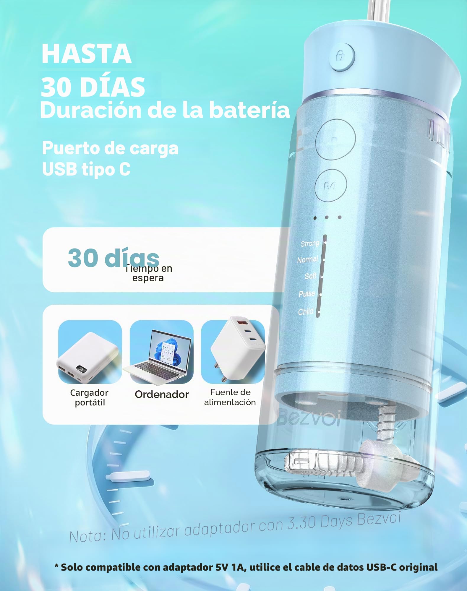 Bezvoi Irrigador Dental Portátil Bezvoi, Mini Inalámbrico 5 Modos, Depósito Extraíble, IPX7 Impermeable, Limpiador Bucal Recargable para Ortodoncia y Dientes Sensibles, Azul