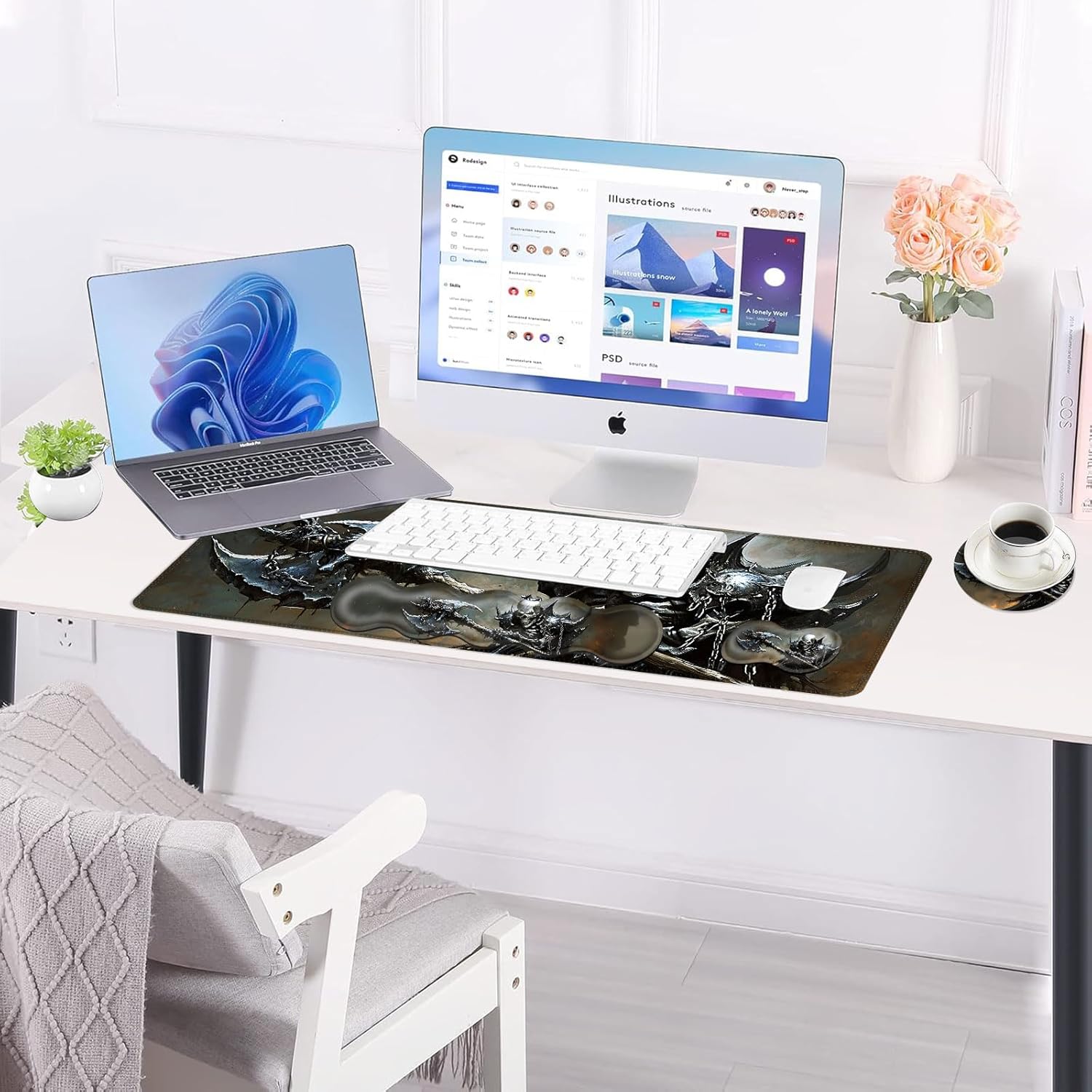 Large Keyboard Mouse Pad Set, Extended Mouse Pad+Keyboard Wrist Rest Support, Memory Foam Ergonomic Easy Typing, 4Pcs (31.5×11.8 in) Desk Pad Set for Office Home,Funny Skeleton
