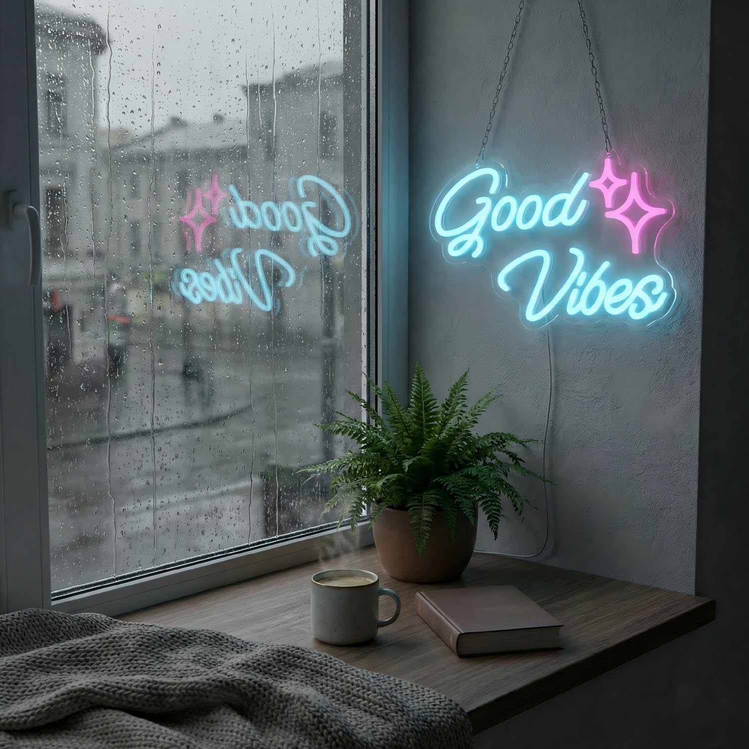 Good Vibes Neon Sign Ice Blue - 16 x 10 Inch Dimmable LED Neon Light with USB/Battery Power, Light Up Sign for Bedroom, Game Room, Living Room Wall Decor