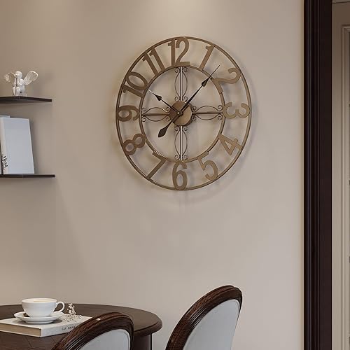 Miniatura 3 de Reloj de pared de 24 pulgadas, relojes de pared grandes para sala de estar, reloj redondo de metal decorativo, funciona con pilas, silencioso, sin