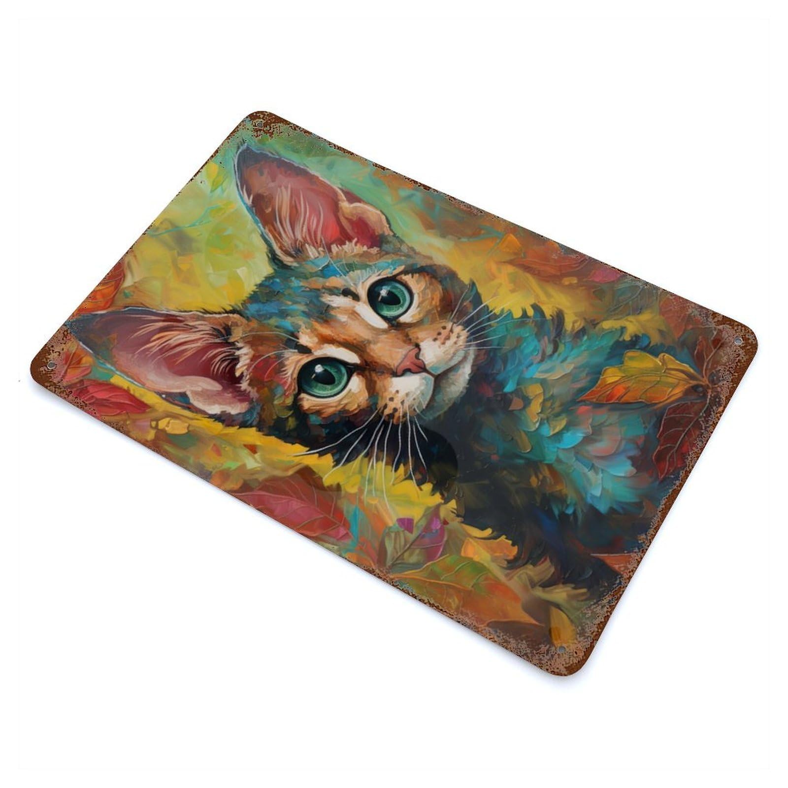 Distressed Metal Wall Sign with Baby Cat in Watercolor Design 11.8"x7.9", for Living Room, Hallway And Home Decor, Vintage Wall Decor
