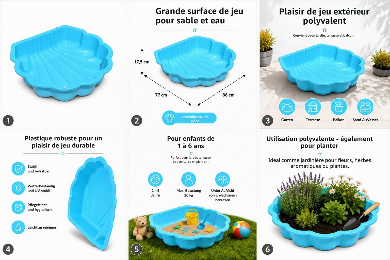 Coquillage à sable et d'eau, turquoise avec étoiles, 1 pièce, coquillage de jeu robuste pour sable et eau, idéal comme bac à sable ou pataugeoire pour enfants, 86 x 77 x 18 cm