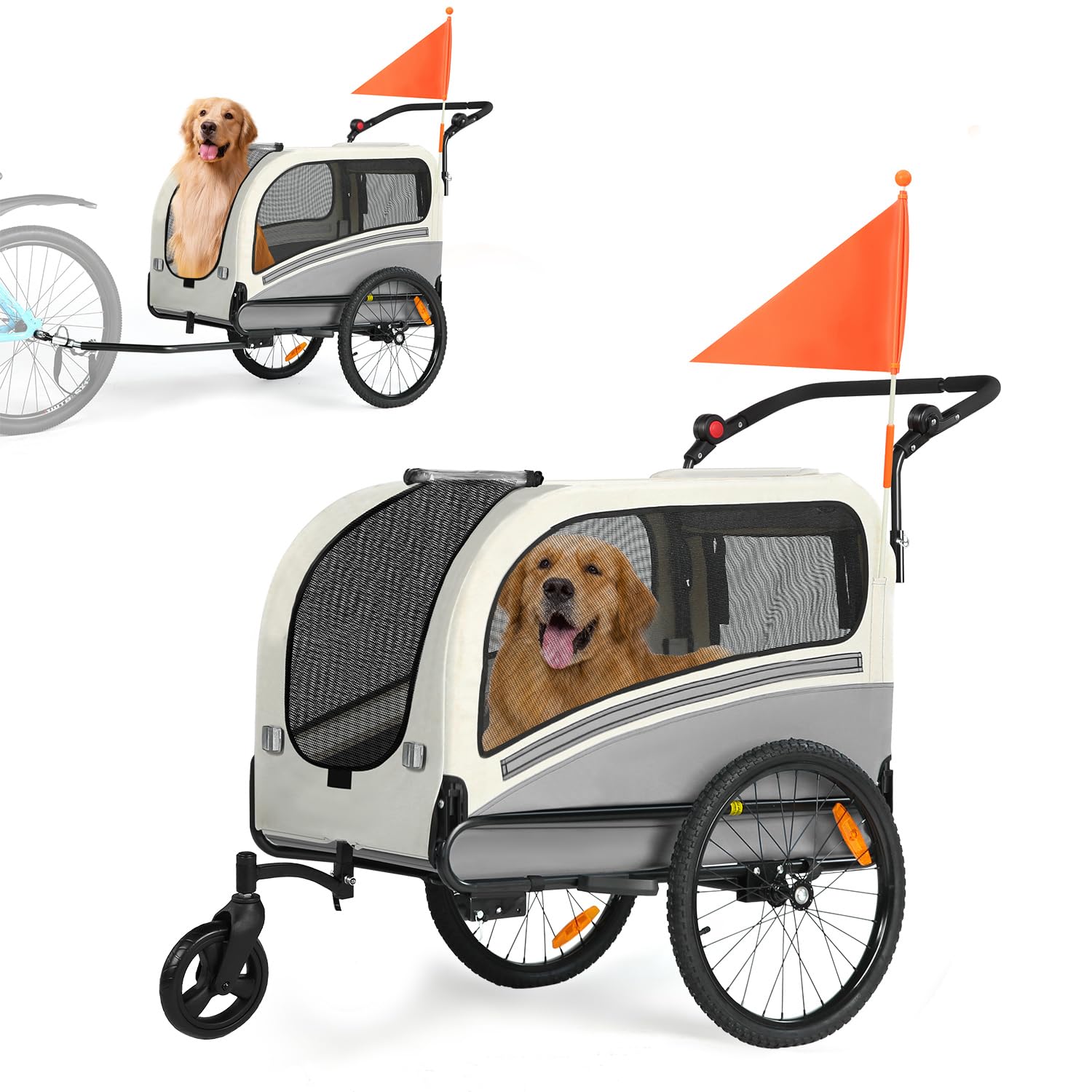 Fiximaster 2-in-1 XXL Fahrradanhänger für Hunde, Faltbarer Hundeanhänger mit Dachöffnung, Reflektoren & Reflexstreifen, Universal-Fahrradkupplung, Höhenverstellbarem Schiebegriff (Grau/weiß)