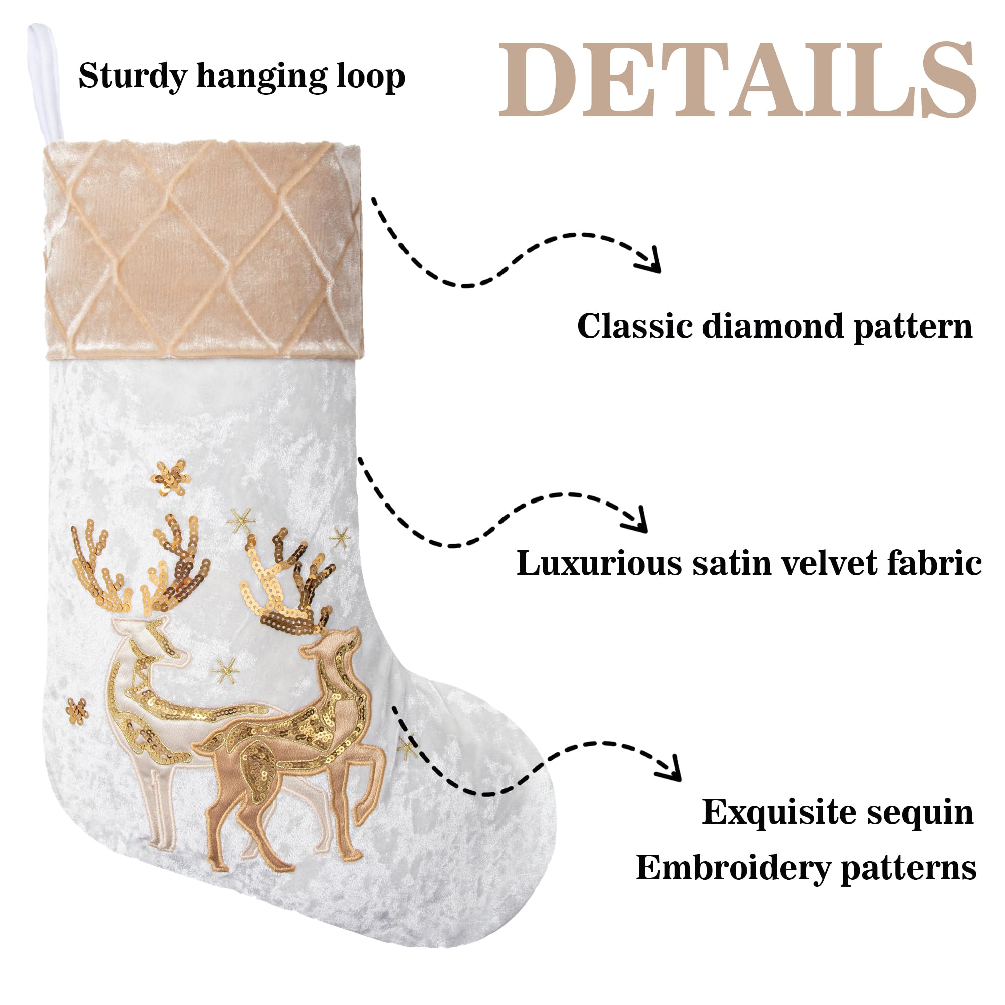 LUBOT Lot de 4 chaussettes de Noël traditionnelles à suspendre pour cheminée à paillettes dorées en velours satiné avec cadeaux brodés pour Noël