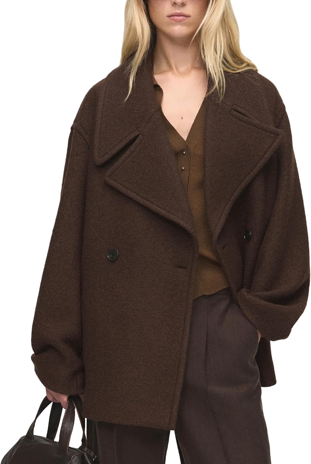 Women Double Breasted Short Peacoat Winter Oversized Notched Lapel Cropped Wool Blend Coat Jacket with Pockets