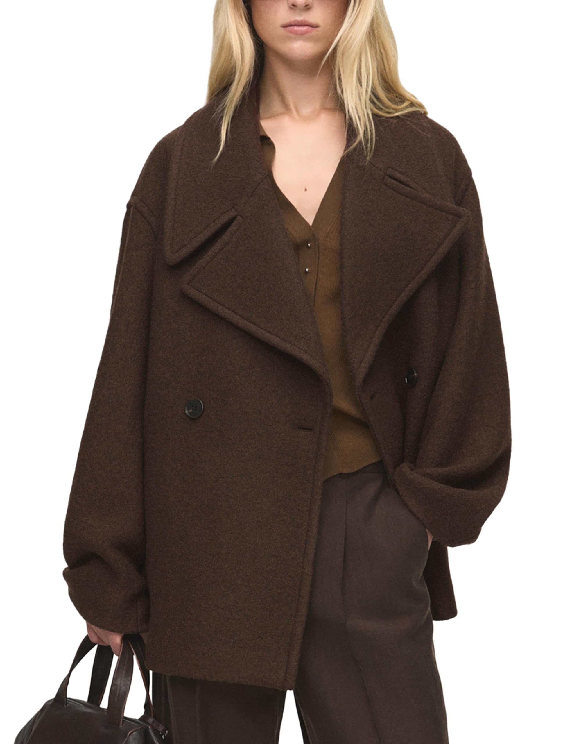Women Double Breasted Short Peacoat Winter Oversized Notched Lapel Cropped Wool Blend Coat Jacket with Pockets-image-30