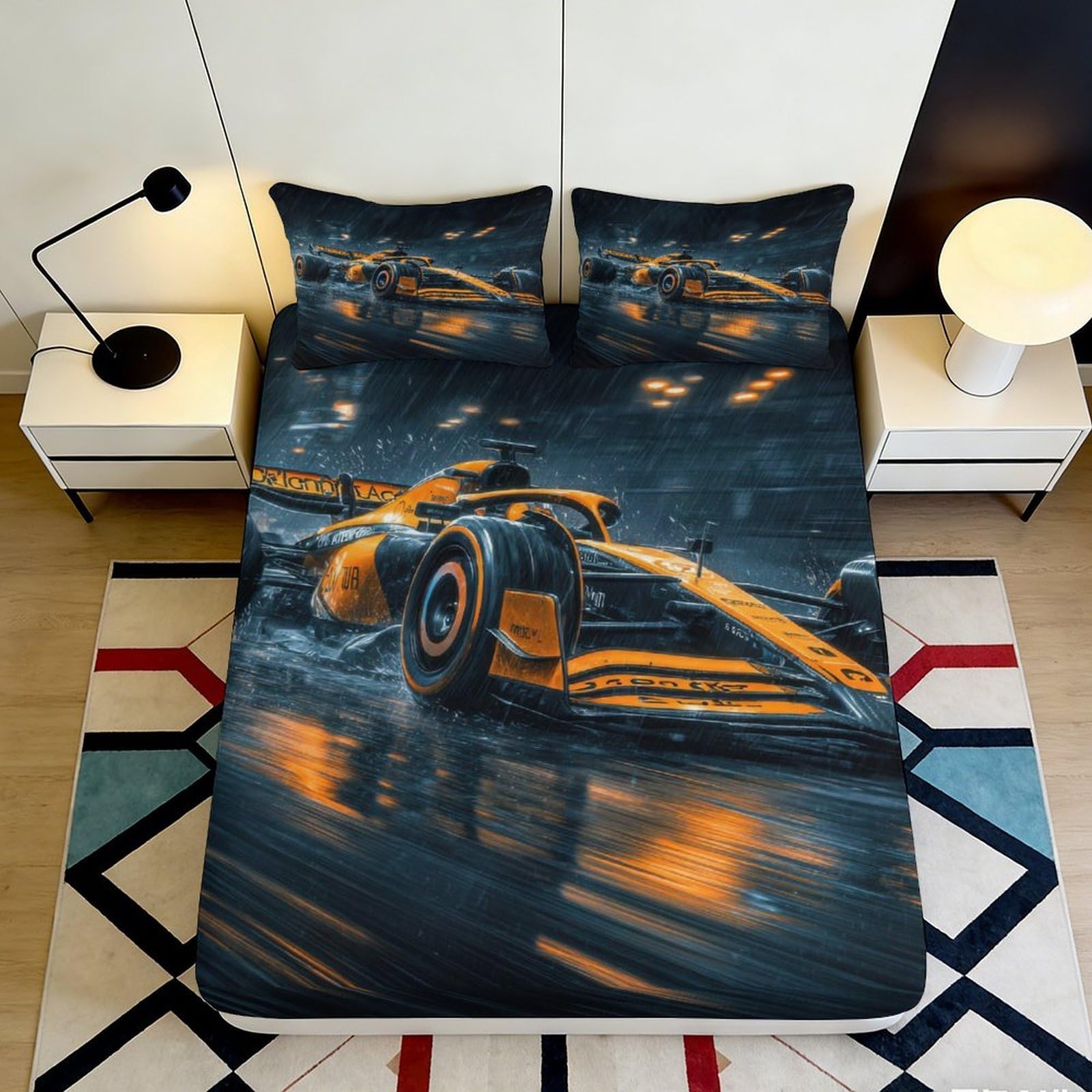 3D Printed Racing Fitted Sheet Microfiber Non-Slip Deep Pocket Bedroom Bedding Racing Mattress Fitted Cover Washable for Home 140x200x25cm