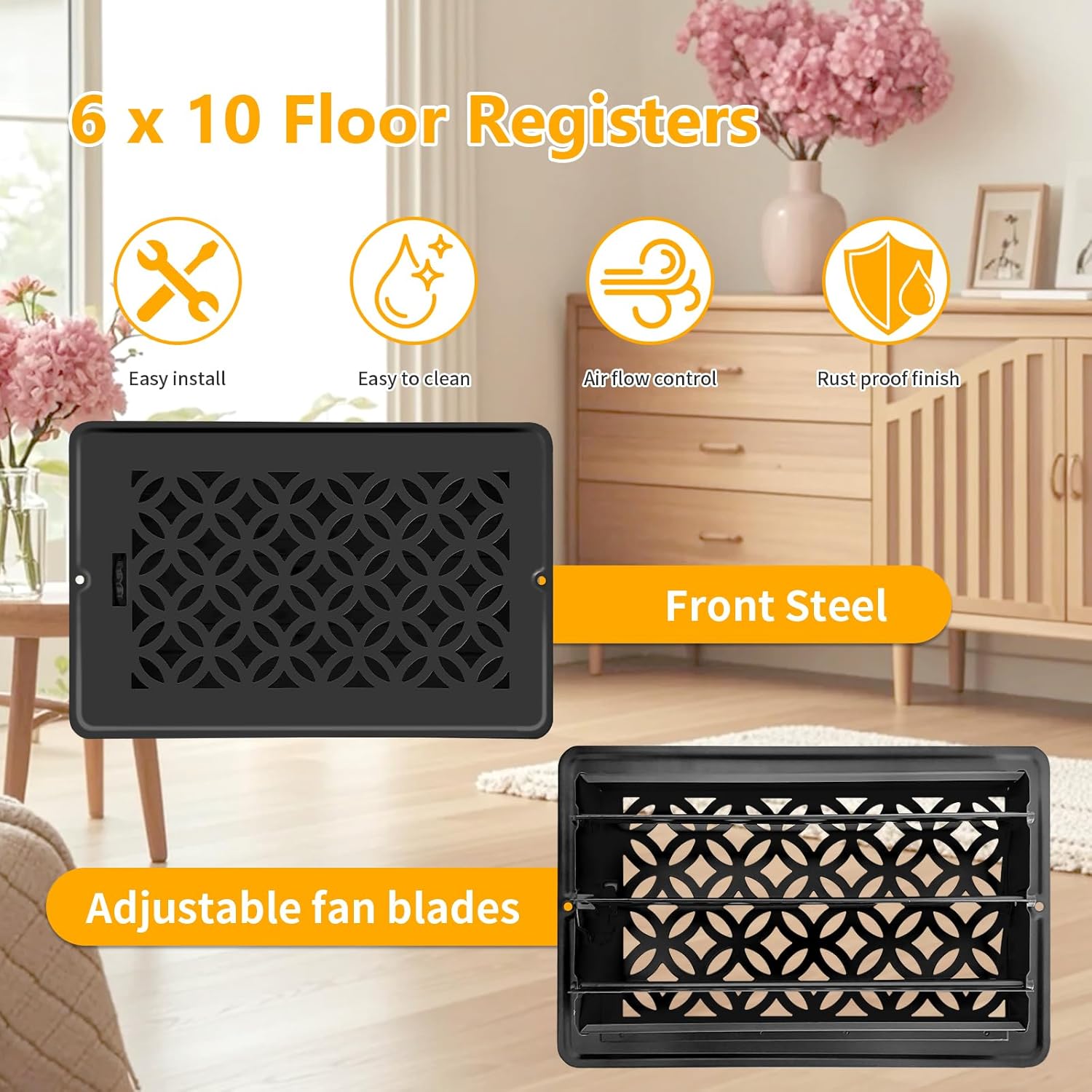 Floor Vent Covers, Floor Register 6x10, 2 Pack Adjustable Decorative Vent Covers for Home Floor, Ceiling or Sidewall Vent with Screws, Rust-Proof Heavy Duty Walkable Steel Floor Vents (6'' X 10'')