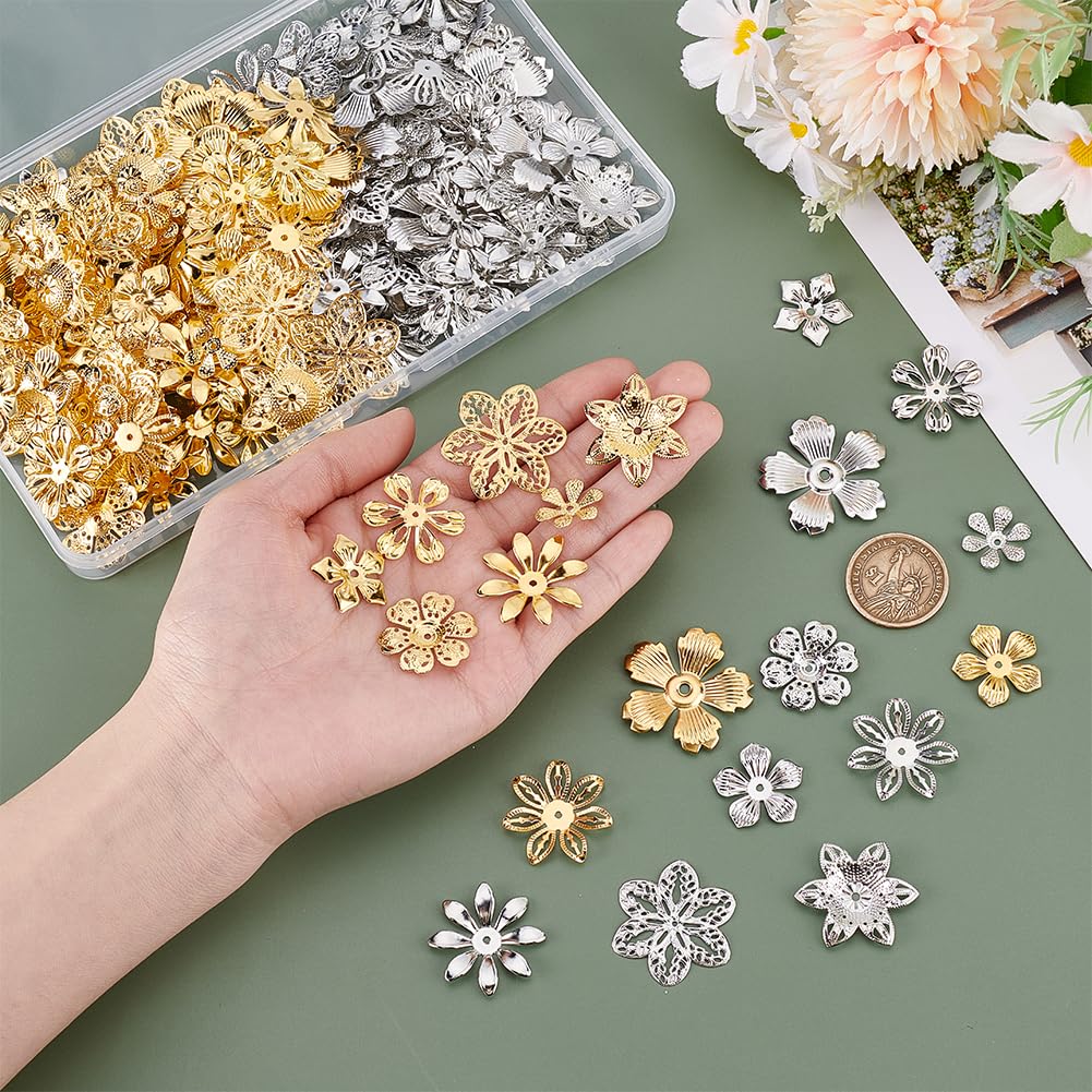 PH PandaHall 200pz 10 Stili Cappucci per Perline Floreali, 16~34mm Perline Distanziatrici a Forma di Fiore Grandi per Orecchini Forcine per Capelli Pendenti, Oro/Platino