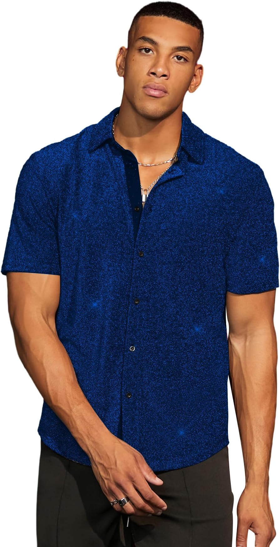 WDIRARA Men's Button Front Short Sleeve Collar Glitter Shirt Metallic Party Club Tops