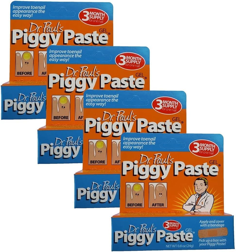 Dr. Paul's Piggy Paste Toenail Fungus Treatment 4-Pack. Restores Brittle, Yellow Toe Nails and Fingernail Fungus and Makes Them Clear and Healthy Again. Four Tubes equals a 12 Month Supply