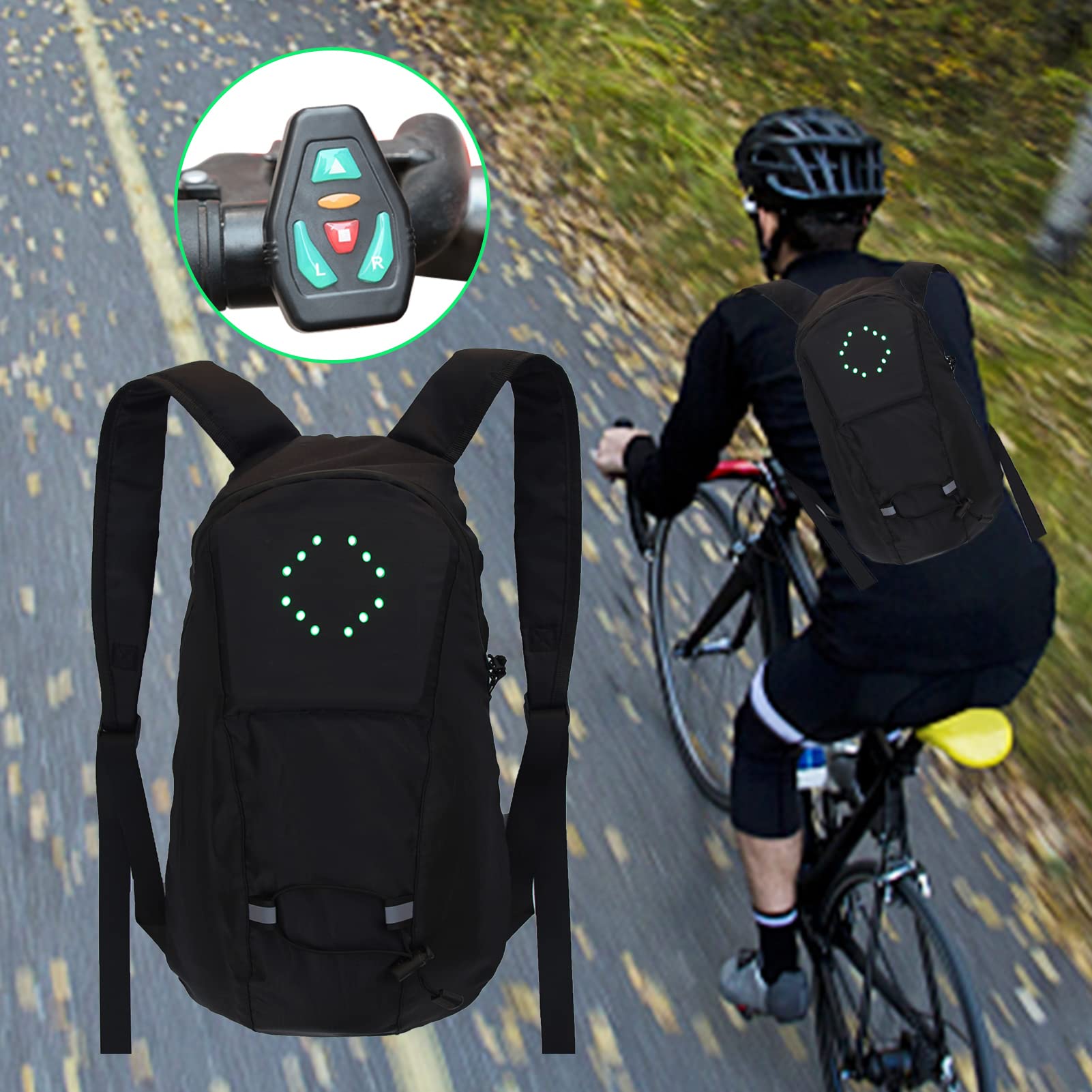 Richolyn Réfléchissant Sac À Dos Vélo 15 L Sac À Dos LED Clignotant 500 MAh Cyclisme USB Rechargeable Sac Sécurité avec Signal Lumineux pour Cyclisme Courir (Noir)