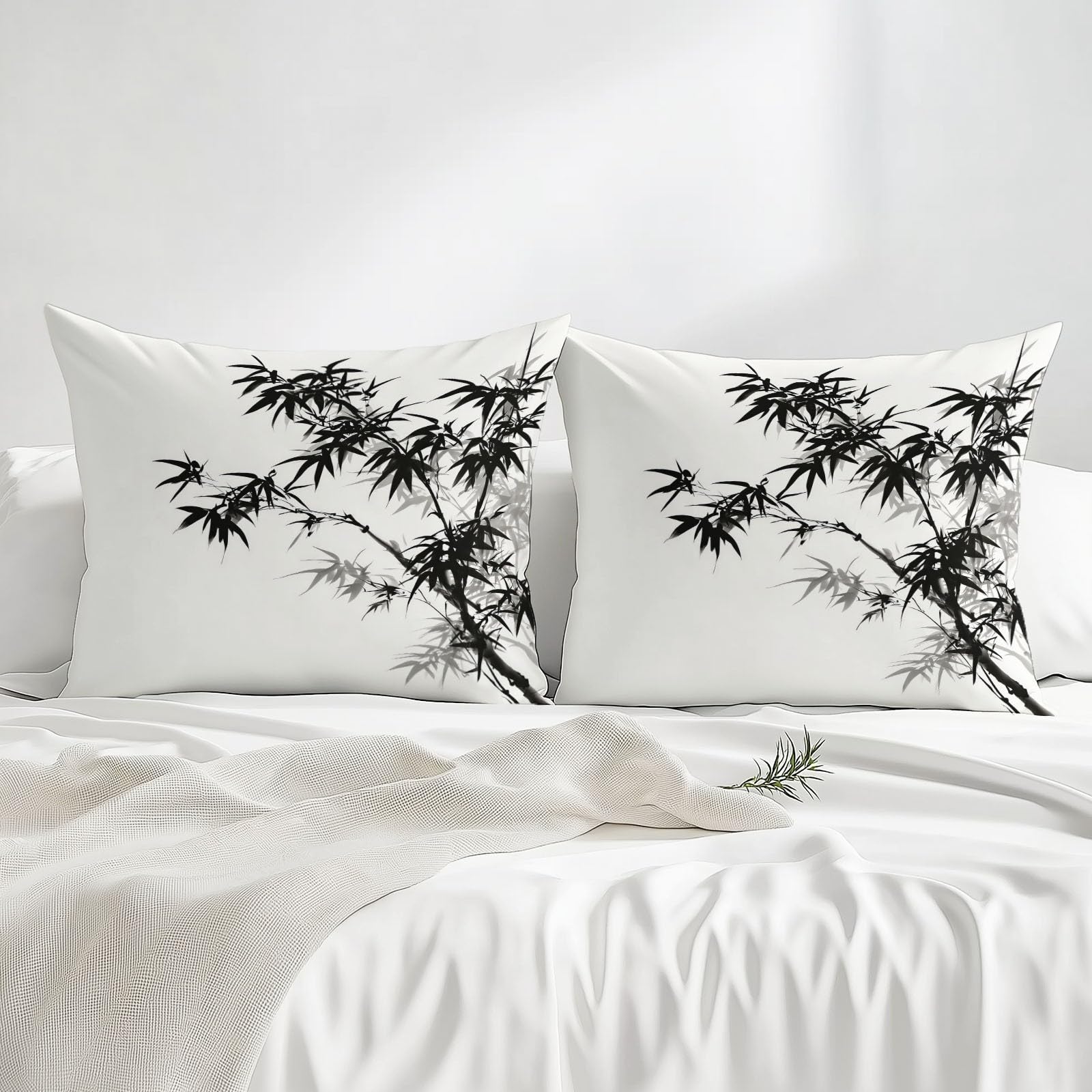 sábana Ajustable Bambú de Tinta, Estilo Tradicional Chino Juego de Sabanas Estampadas 3 Piezas 180 x 200 cm Algodón Poliéster, Bajera, Funda de Almohada 100% Microfibra Negro