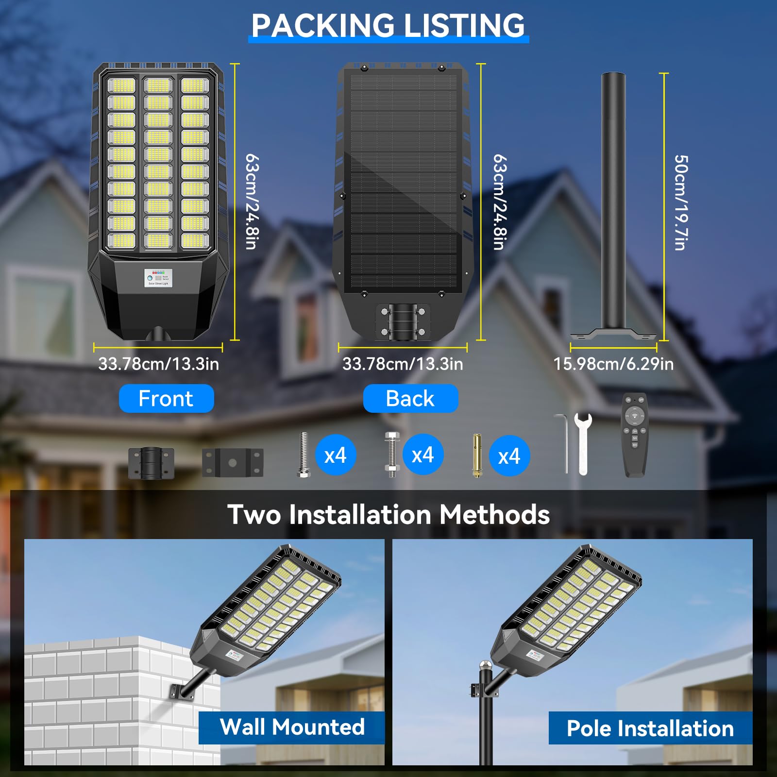 Adewalk 2200W Lampione Solare Led Esterno con Telecomando, IP66 Impermeabile Lampada Stradale Solare con Sensore di Movimento, 6500K Super Bright Lampioni da Giardino Esterno Solari per Garage Strada
