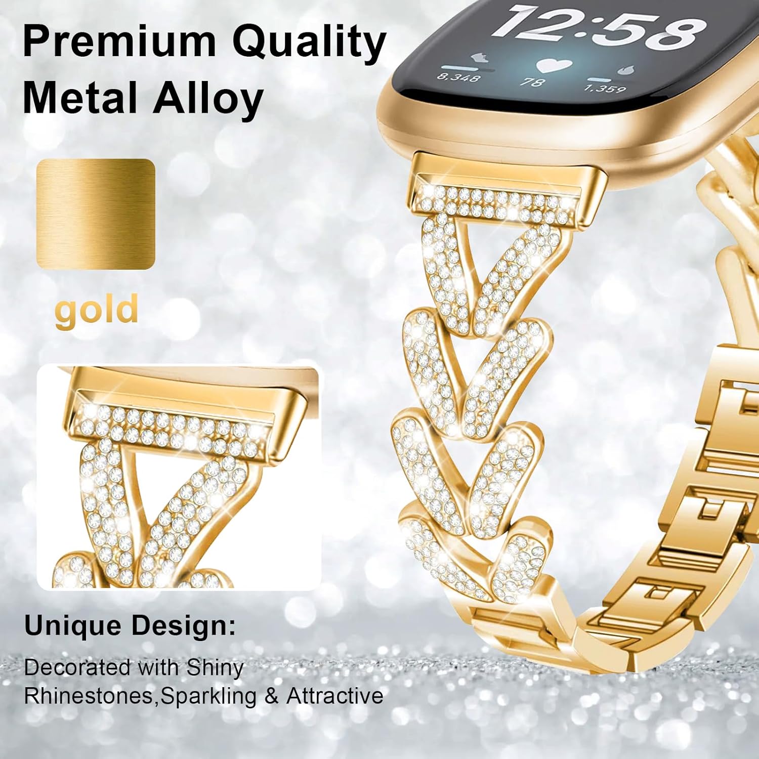 for Metal Bands, Compatible for Fitbit Versa 4/Versa 3/Fitbit Sense 2/Sense Band Smart Watch, Sparkling Bling Shiny Diamonds Bracelet for Women - Image 3