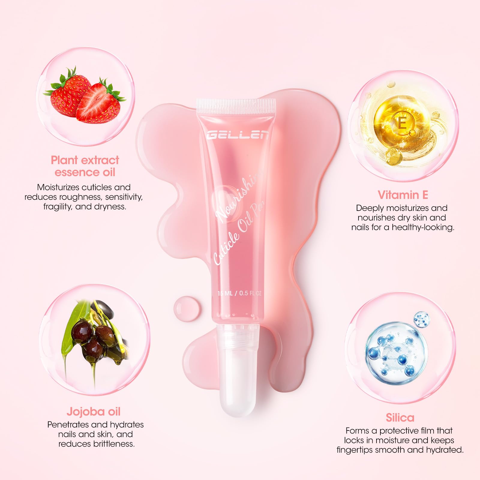 Gellen Huile Cuticules Ongles 15ML Avec Brosse Douce Transparent - Huile De Soin Ongle, Nourrir Ongles et Pieds Abîmés, Vernis Durcisseur Ongle, Riche En Huile de Jojoba et Vitamine E, Couleur Rose