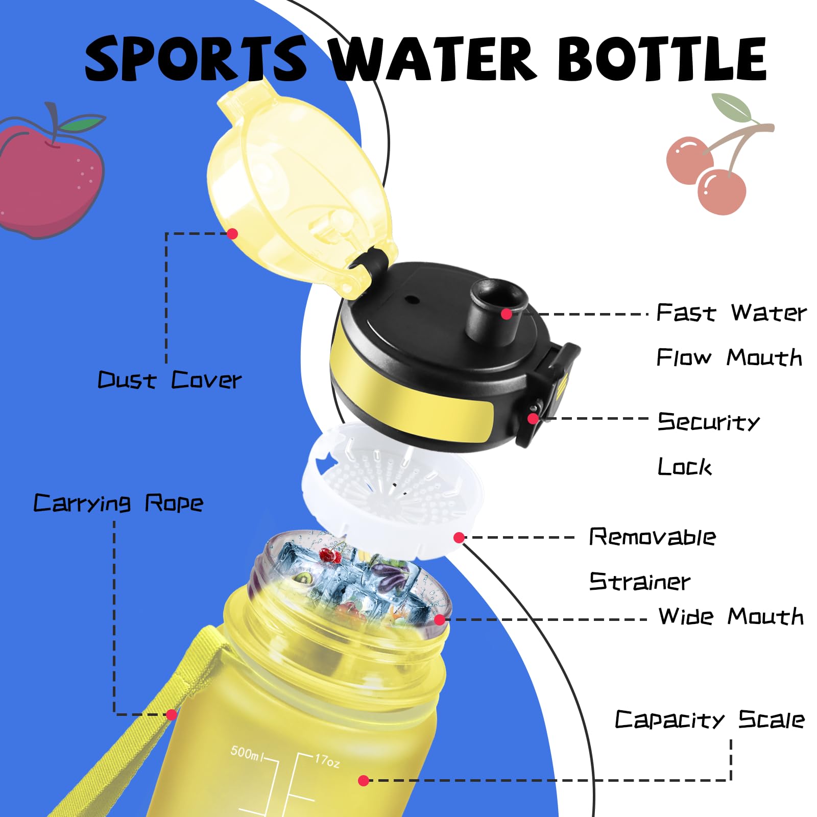 Mujigaga Borraccia, 500ml Borraccia Bambini, Senza Perdite, Borraccie Motivazionale, Facile da Pulire, Borraccie con Orari per Bere, Borracce con Filtro, per Campeggio, Ufficio, Ciclismo, Nuoto - 4