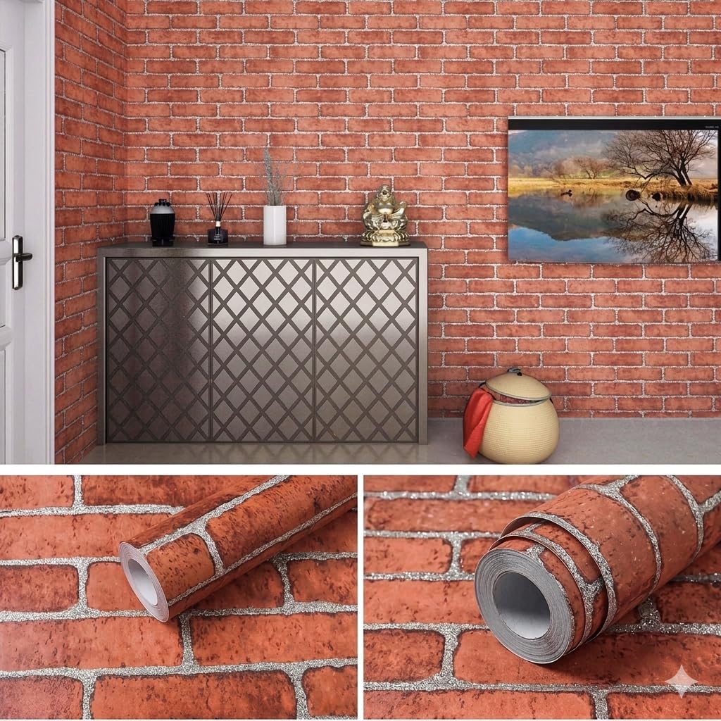 Livelynine Zelfklevend Behang Steeneffect Rode Baksteen Behang Zelfklevende Film voor Muren Keuken Decoratieve Haard Woonkamer Keuken Muur 40CMx2M