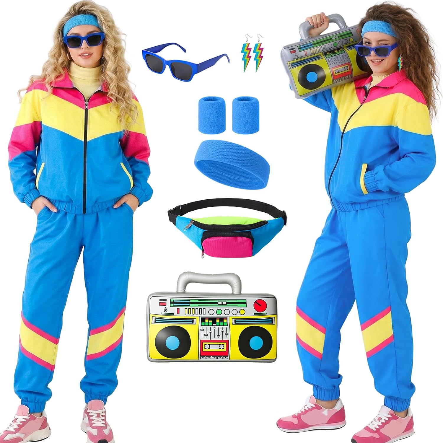 80s Outfit for Women 80s 90s Tracksuit Costume Set Color Block 3D Digital Printed Sportswear Windbreaker Outfits Waistbag