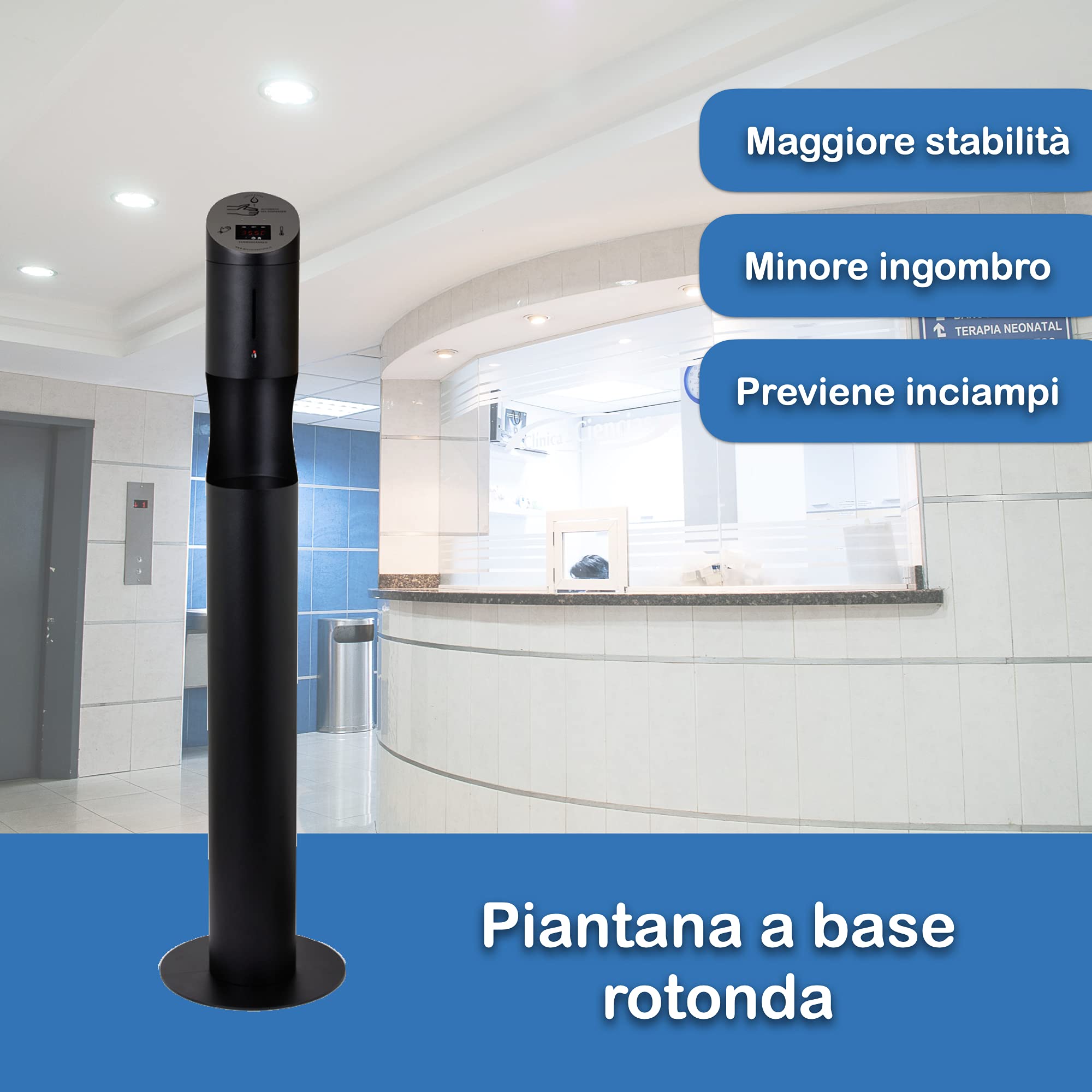 Termometro Digitale con Dispenser Gel disinfettante Mani | Termometri digitali per Temperatura Polso | colonnina igienizzante Mani con Orologio