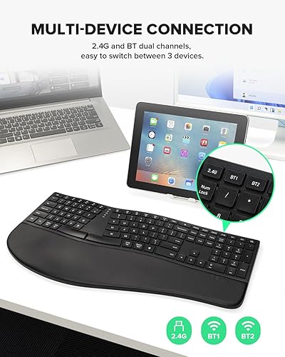 Miniatura 5 de DeLUX Teclado ergonómico inalámbrico de tamaño completo con reposamanos, teclado dividido ultrafino, conexión Bluetooth y 2.4G, batería recargable,