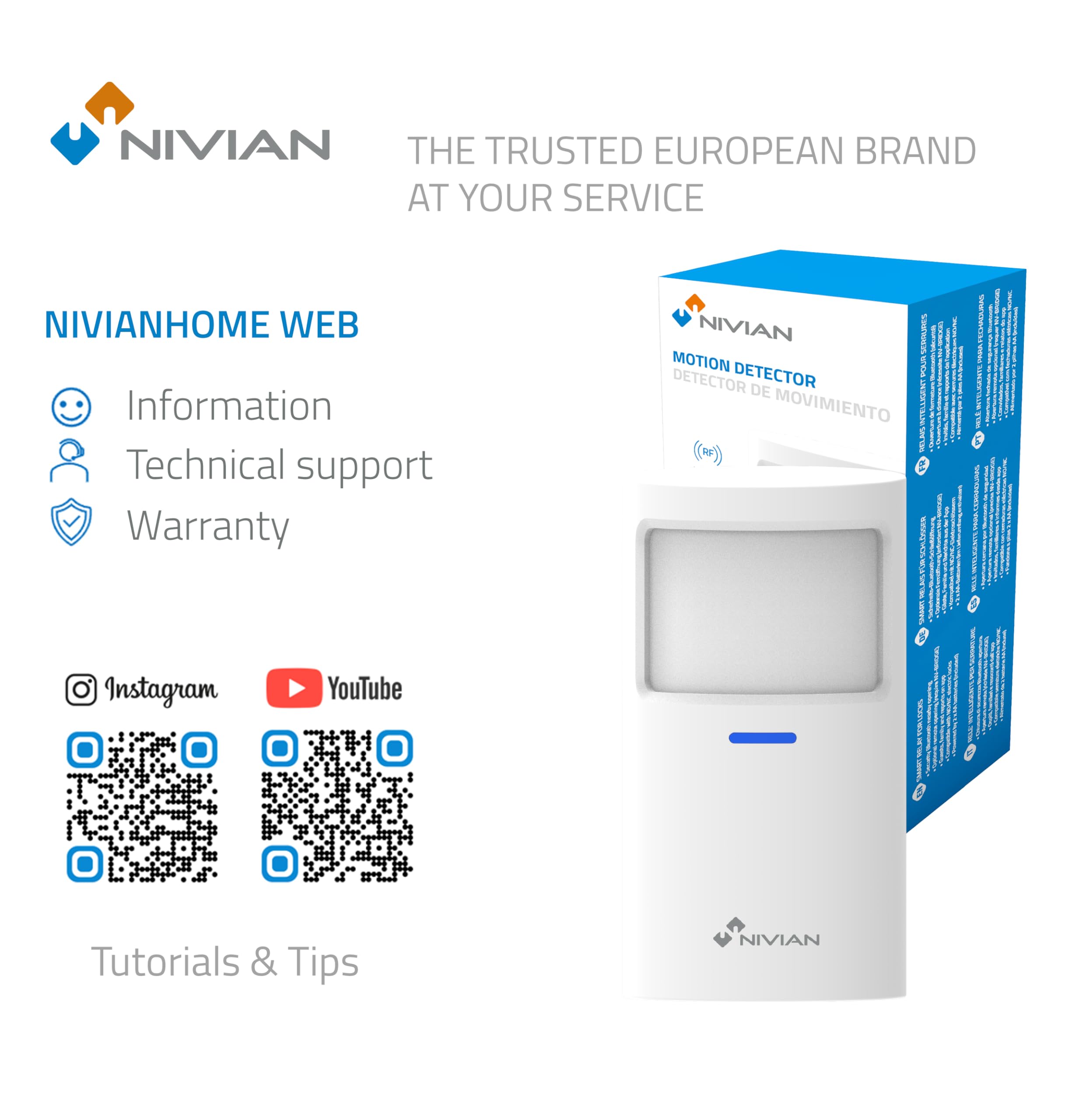 Nivian NVS-INDOORPIR - Detector de Presencia Inalámbrico Interior PIR 433 MHz, Alcance 100 m, Ángulo 110°, Instalación sin Cables, Indicador LED