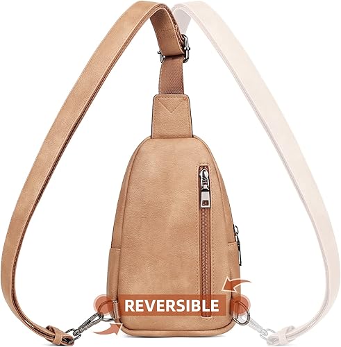 Miniatura 5 de MASINTOR Bolso bandolera pequeño para mujeres y hombres, cangurera cruzada de cuero vegano con múltiples compartimentos para uso diario, Camel