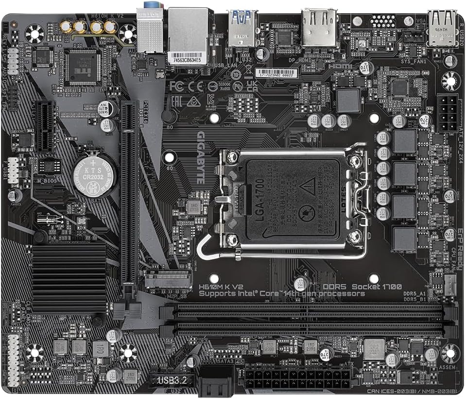 GIGABYTE H610M K V2 Motherboard - Intel Core 14th CPUs, up to 5600MHz DDR5, 1xPCIe 3.0 M.2, 1GbE LAN, USB 3.2 Gen 1
