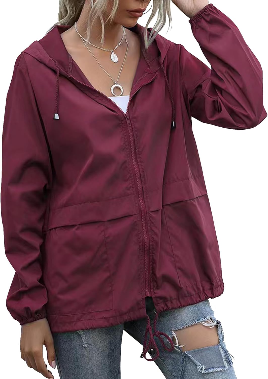 Women's Raincoats Lightweight Waterproof Windproof Adjustable Windbreaker Rain Jackets Hooded with Pockets S-XXL