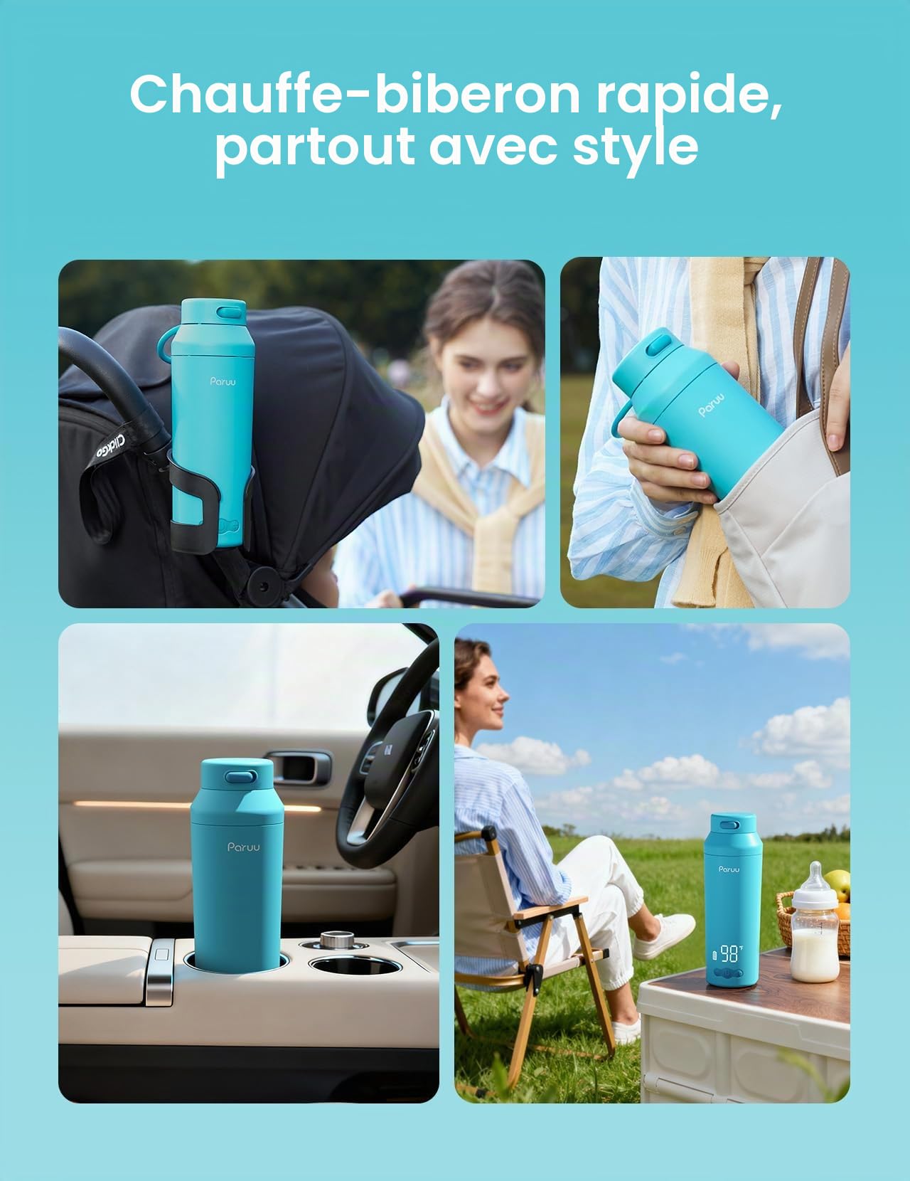 Paruu Chauffe Biberon Portable pour Nomade sans Fil, Chauffage Rapide en 2 minutes, Gros bec Facile à Nettoyer, 7 Niveaux de Température, Charge Rapide 30 W, Capacité 350 ml, Bleu