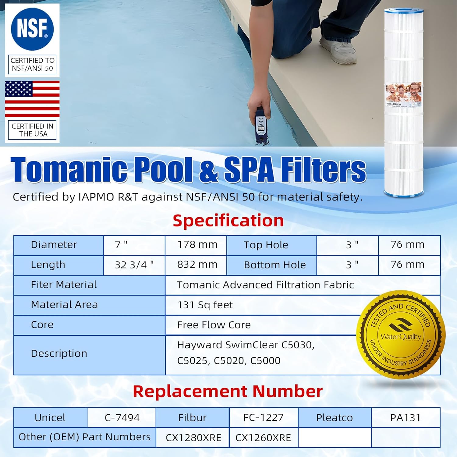4 Pack Pool Filter Cartridge Replacement For Unicel C-7494, Filbur FC-1227, Pleatco PA131, Hayward C5030 C5025 C5020 C5000 CX1280XRE CX1260XRE-Certified with NSF50 for Material Safety,131 Sq.ft