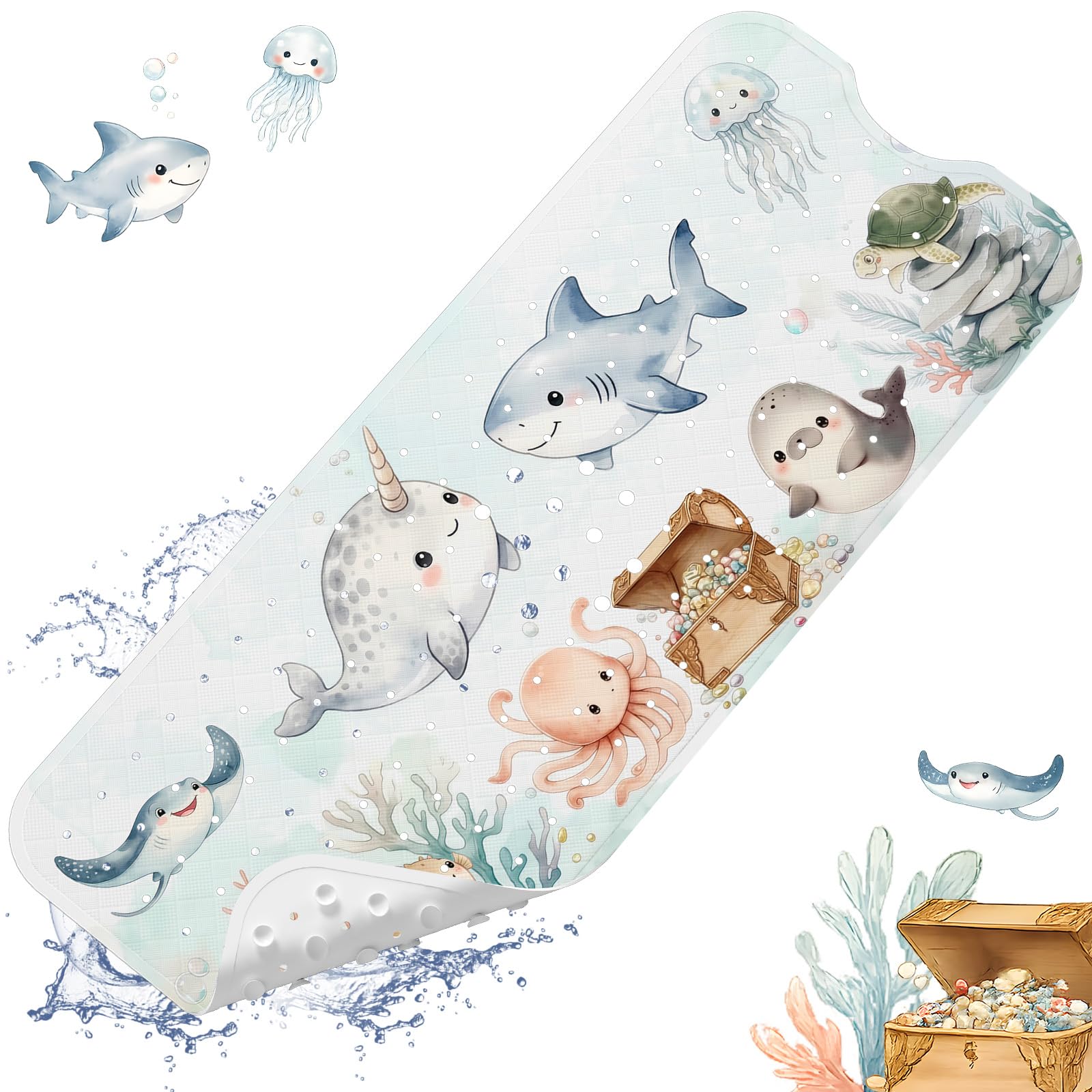 XIYUNTE Baby Bath Mat Non Slip Anti Mould Kids - 100x40cm Extra Long Anti Slip Bathtub Mat Machine Washable, Toddler Non Slip Bath Mat for Inside Bath Tub, BPA free, TÜV-Certified Safety, Narwhal — image 1
