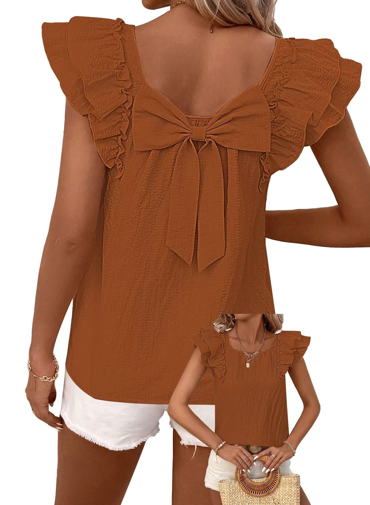 Falechay Womens Bow Tie Back Tops Babydoll Vneck Ruffle Short Sleeve Shirts