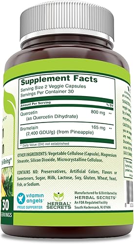 Miniatura 2 de Herbal Secrets Suplemento de quercetina de 800 mg con bromelina de 165 mg  60 cápsulas vegetales  Sin OMG  Sin gluten  Fabricado en Estados Unidos