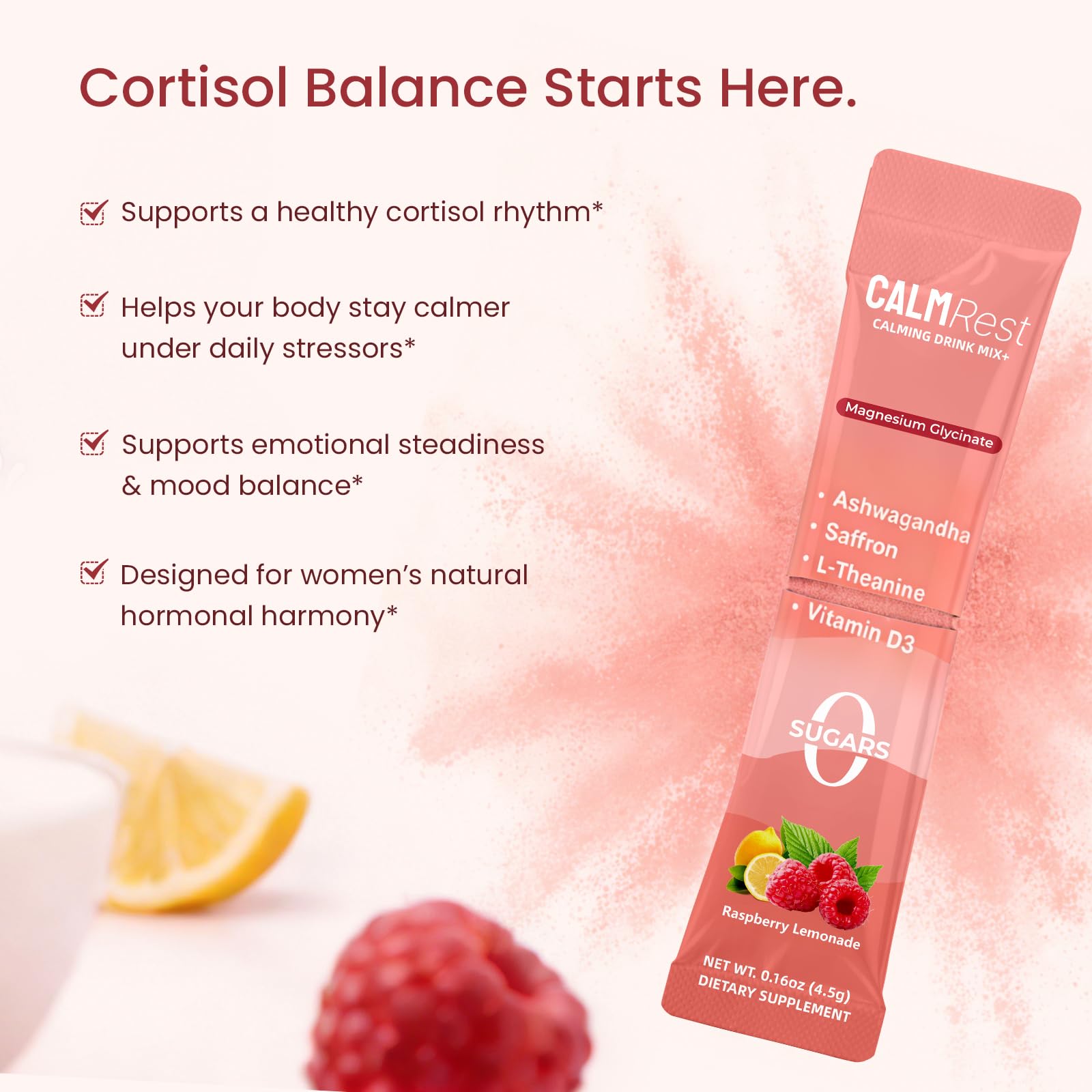 Calm Magnesium Powder Cortisol Supplement for Women, Hormone Balance Support* for Sleep & Relax Supports, No Sugar, Raspberry Lemonade,15Ct — Amazon image 4