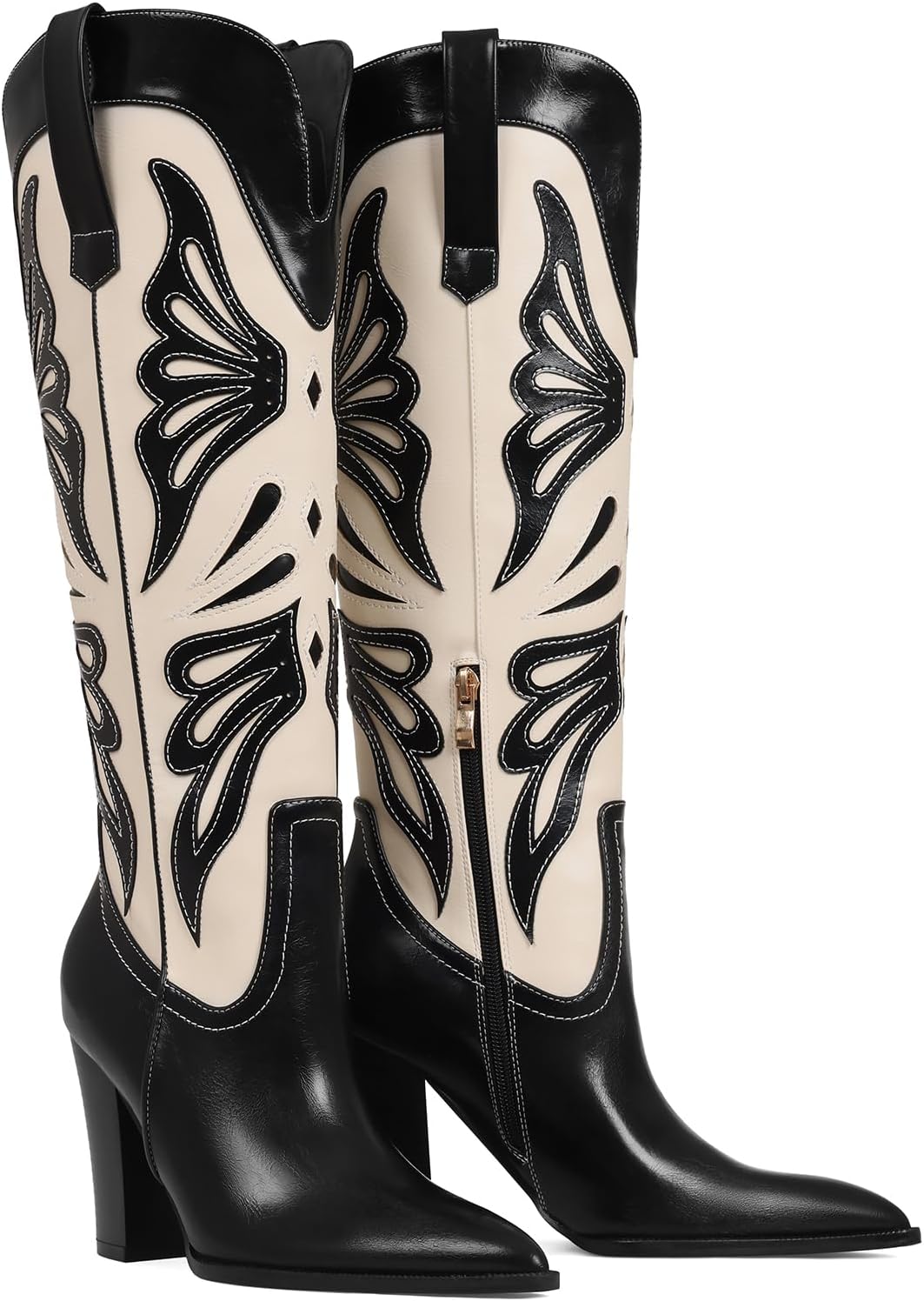 VOMIRA Cowboy Boots for Women Pointed Toe Chunky High Heels Butterfly Cowgirl Boots Wide Calf Knee High Boots Bridal Wedding Western Boots - Image 4