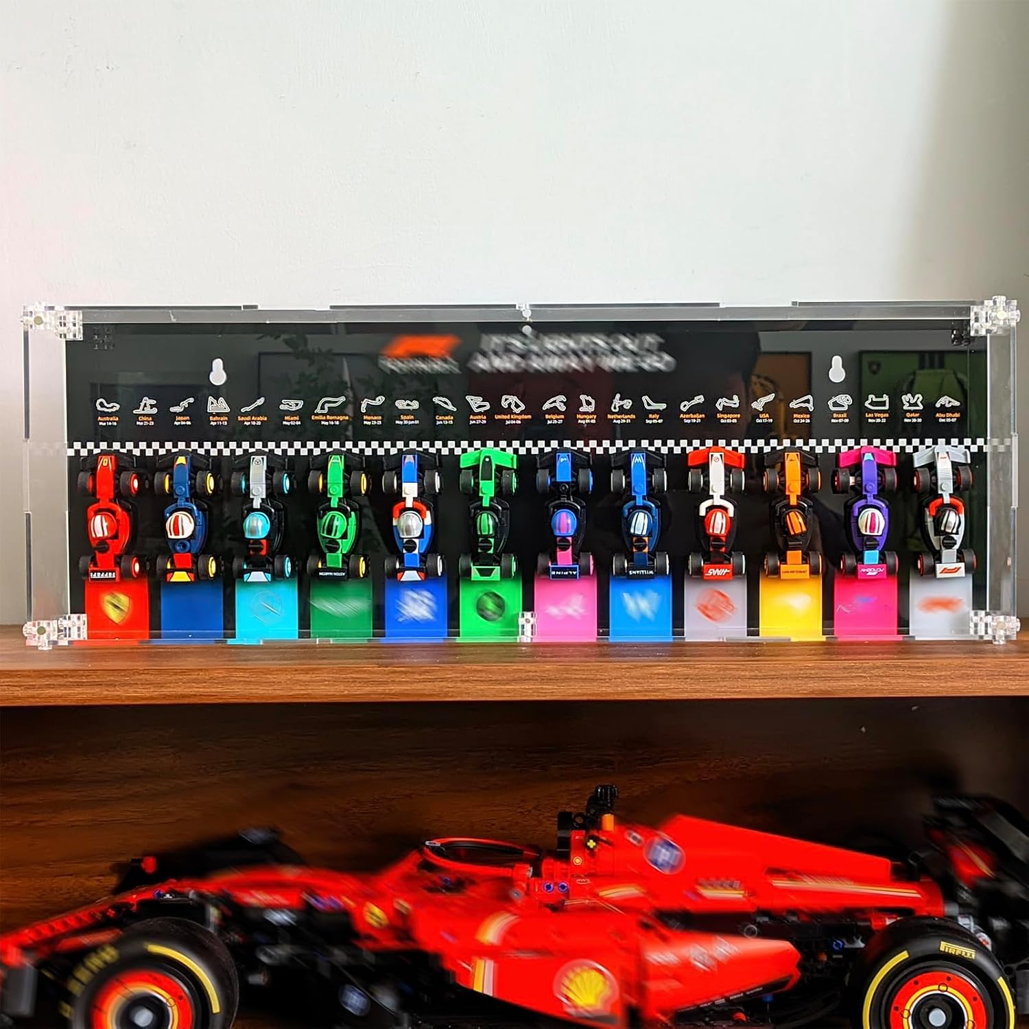 Display Wallboard Compatible with Lego F1 Car Model, Wall Mount for F1 66796-71049 Car 12-in-1 Collector's Pack, with Acrylic Dust-Proof Case, (No Model Included)