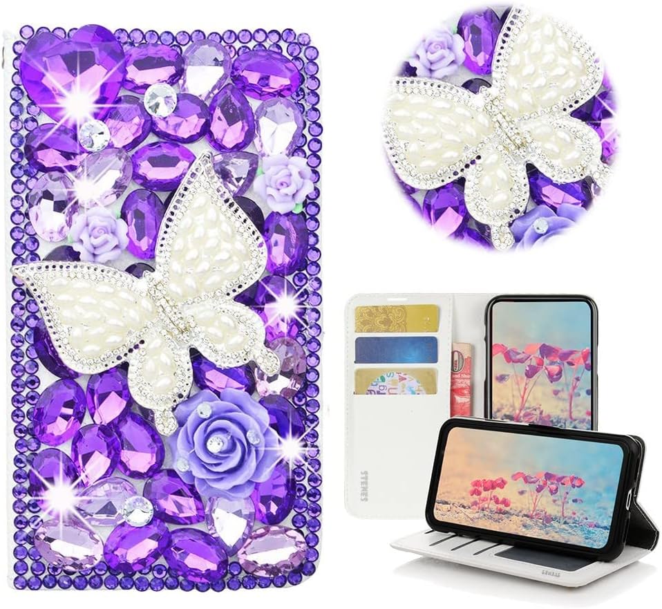 STENES Bling Wallet Phone Case Compatible with Samsung Galaxy Note 9 - Stylish - 3D Handmade Butterfly Bowknot Flowers Leather Cover with Screen Protector & Neck Strap Lanyard - Light Purple