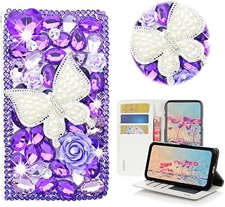STENES Bling Wallet Phone Case Compatible with Google Pixel 6 6.4 inch 2021 Case - Stylish - 3D Handmade Pearl Butterfly Flowers Magnetic Wallet Stand Leather Cover Case - Purple