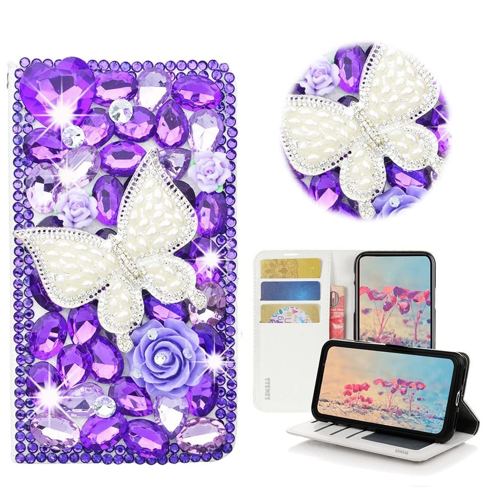 STENES Bling Wallet Phone Case Compatible with iPhone 14 6.1 inch 2022 Case - Stylish - 3D Handmade Pearl Butterfly Flowers Magnetic Wallet Stand Leather Cover Case - Purple