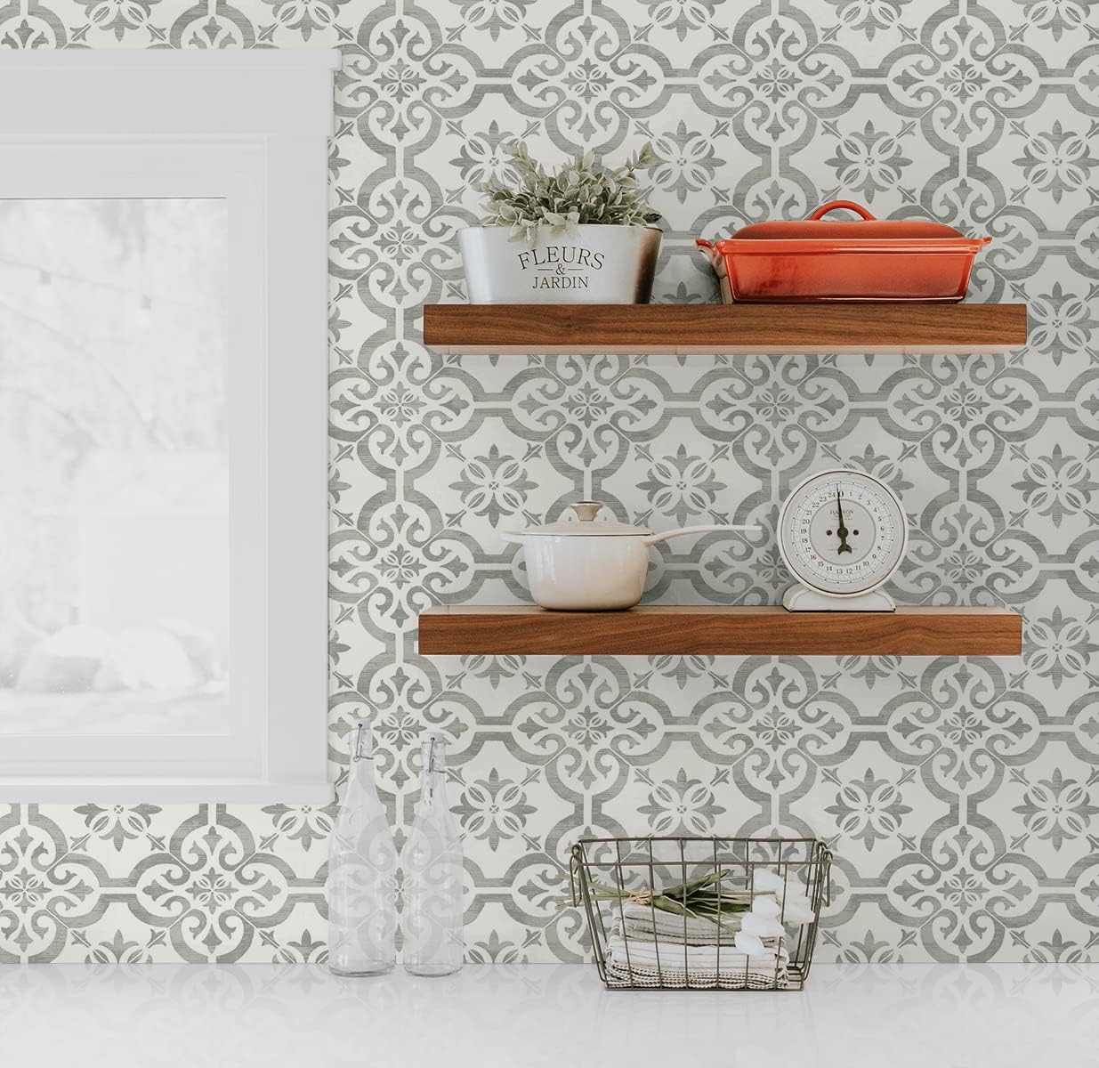 Seabrook Designs Encaustic Faux Tile Unpasted Wallpaper Harbor Mist