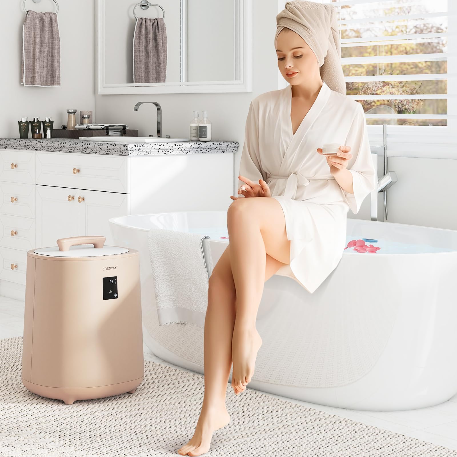 RELAX4LIFE Chauffe-Serviettes Esthetique 18L avec Température Réglable, Affichage LED, Minuterie, Support de Disque Parfumé, Arrêt Automatique,Verrouillage pour Salle de Bain Spa (Blanc, 18L|style2)