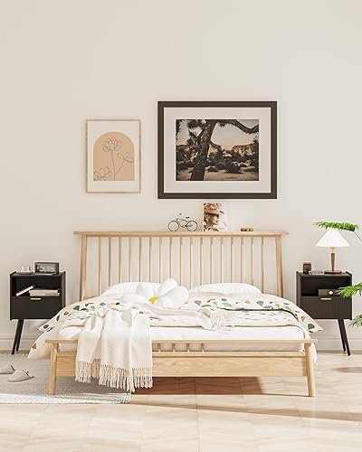 Miniatura 7 de Mesita de noche, moderna mesita de noche con cajón de almacenamiento y estante de madera abierta, mesita de noche decorativa con patas de madera