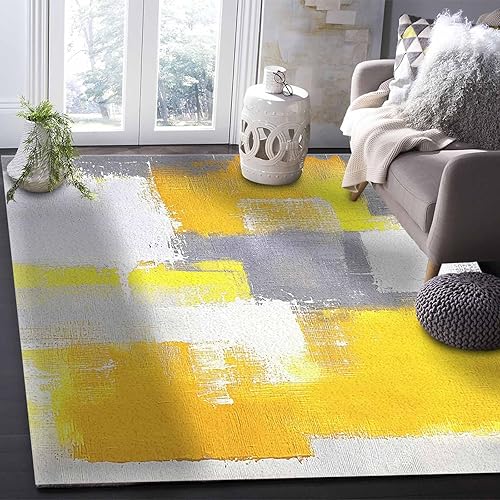 Miniatura 6 de Alfombra amarilla de 3 x 5 pies para sala de estar y dormitorio, alfombra moderna abstracta gris, alfombra suave antideslizante, alfombra de