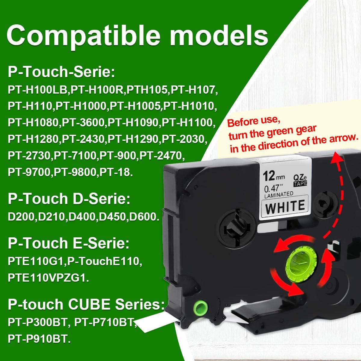 5er-Pack kompatible TZe-231 Schriftbänder für Brother TZe-231 / TZ-231, 12 mm (0,47 Zoll) laminiert, weißes Band mit schwarzer Schrift, kompatibel mit P-Touch PT-H100R, PT-H105, PT-H100LB.